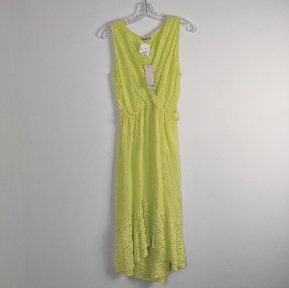 Vibrant Avocado Green Summer Dress with Eyelet Details, Size Medium Linen Beach